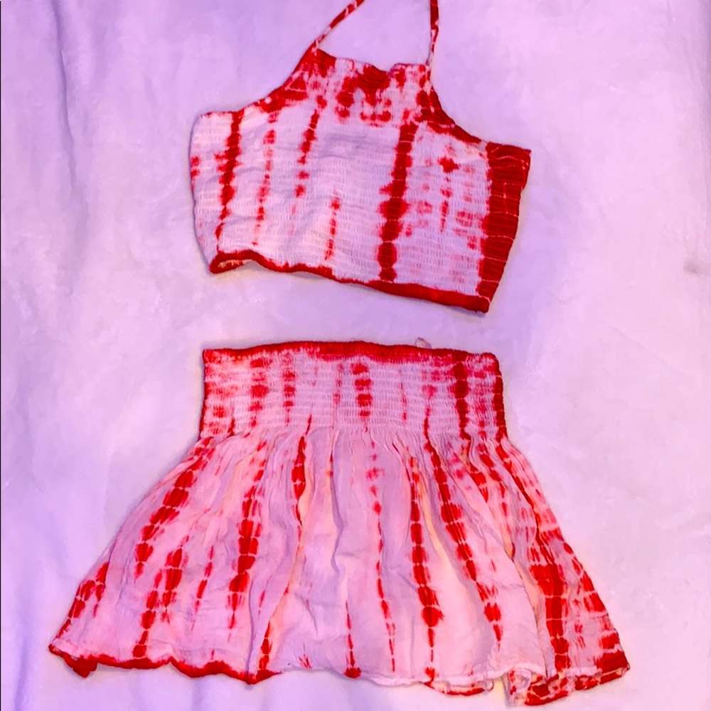 Red and white the dye mini skirt and halter top